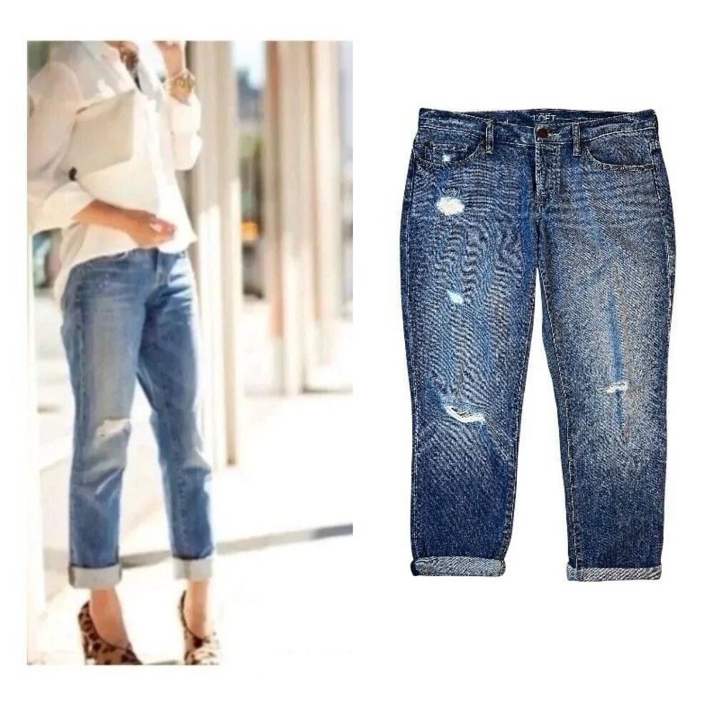 Ann Taylor LOFT Boho Mid-Rise Button-Fly Boyfriend Distressed Jeans  Size 4/27